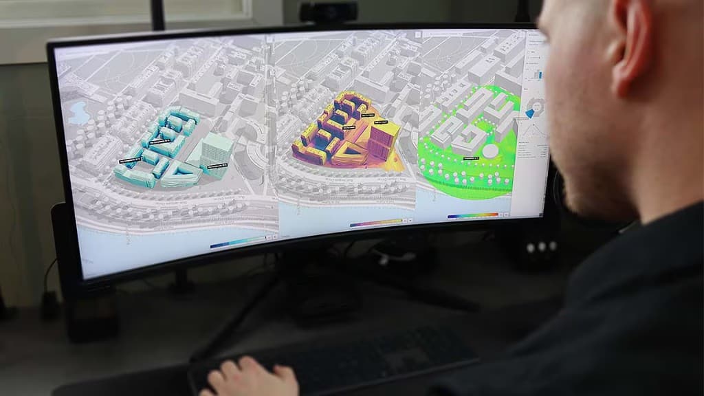 Three Spacemaker / Autodesk Forma analysis views showing 3D urban planning with daylight, wind and microclimate overlays